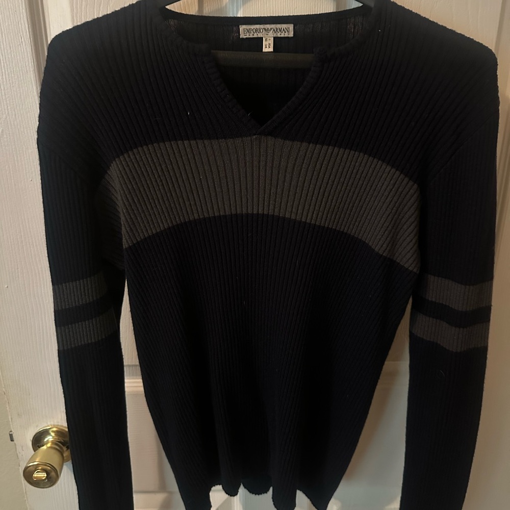 Emporio Armani Black and Gray Striped V-Neck Sweater